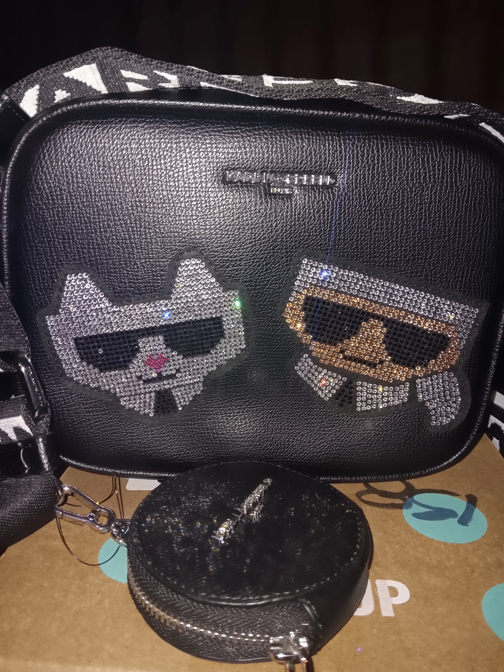 Karl Lagerfeld Rare Black Crossbody Bag with Rhinestone Karl & Choupette Patches